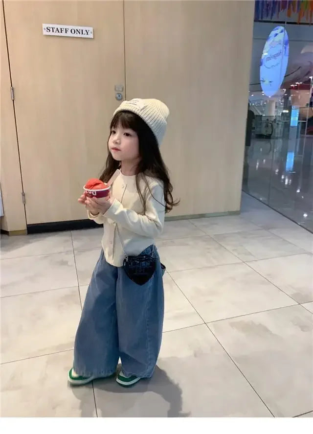 Autunm Clothes 1PCS Children's Denim Pants Girls' Baby Clothes Korean Bottoming Shirts Casual Jeans Girls Wide-leg Pants Tops