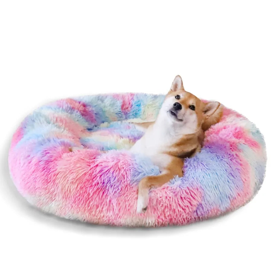 Pink rainbow-shaped Calming Donut Pet Bed for small dogs by I YAN, cozy plush, anti-anxiety, warming soft dog bed, 20-inch size