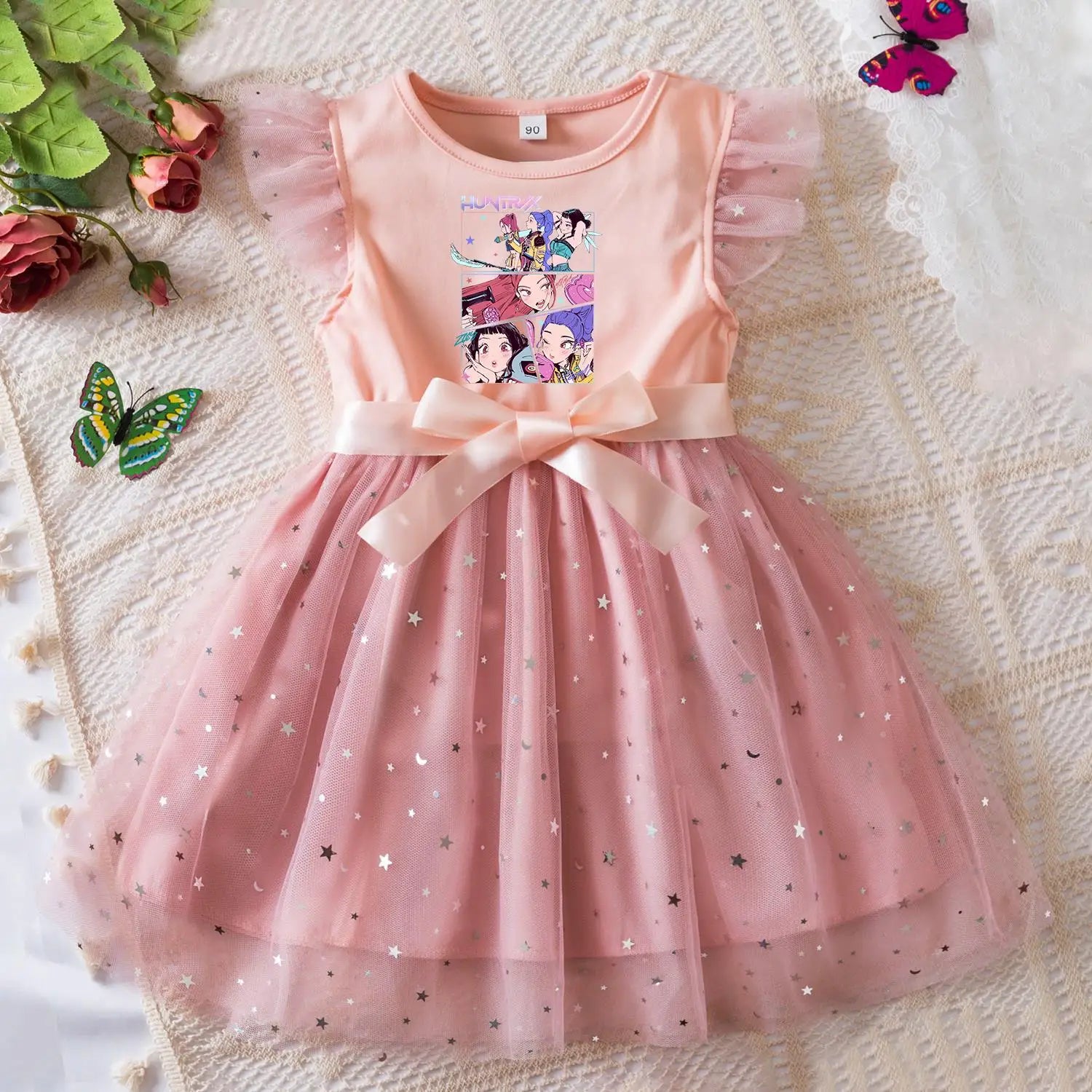K-Pop Hunters Zoey Rumi Girls Sequin Tutu Dress with Bow Flutter Sleeves Summer Princess Party Outfit for Toddler Kids 2-6 Years
