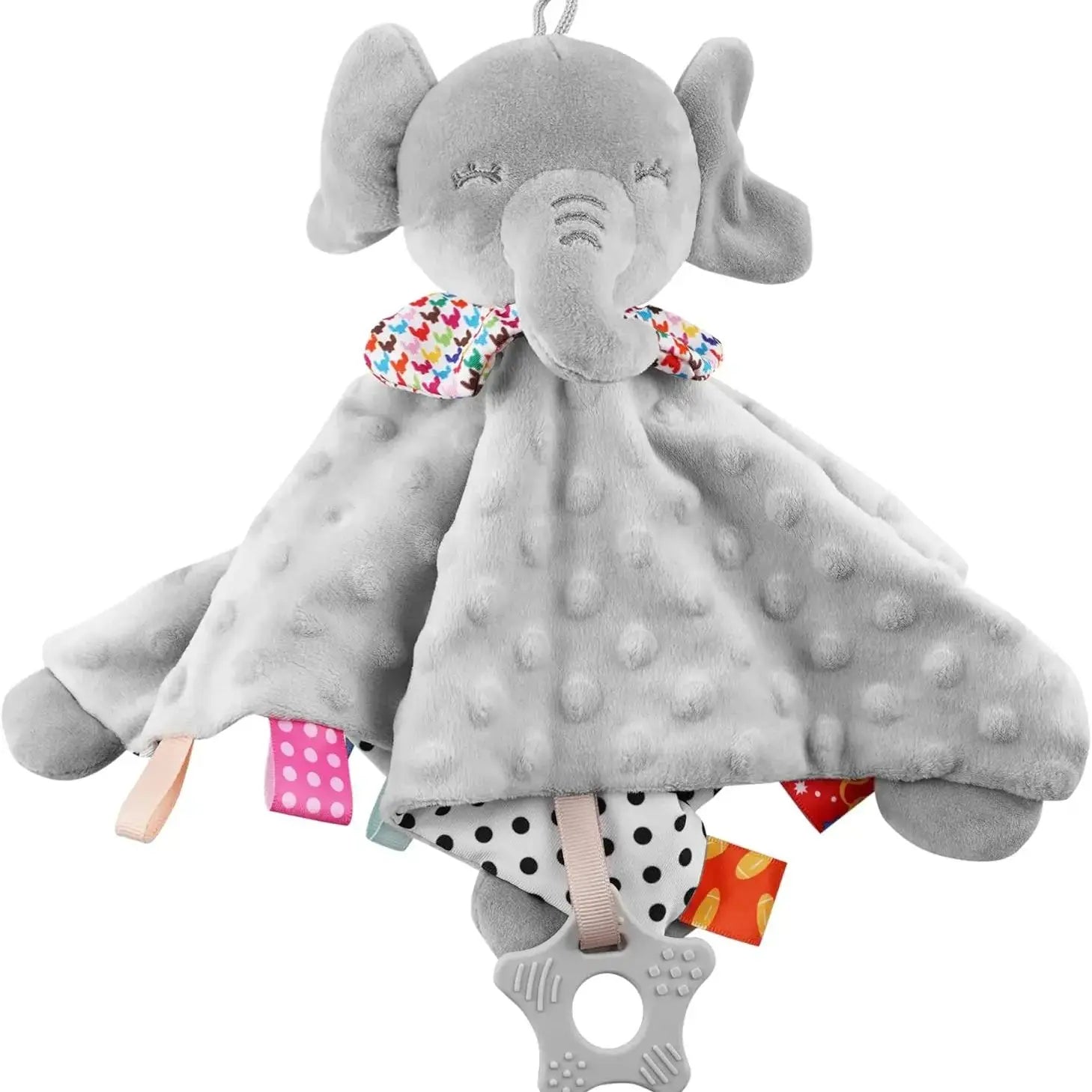 Soft elephant baby comforter blanket with hanging toys and rattle, designed to soothe and comfort toddlers during sleep.