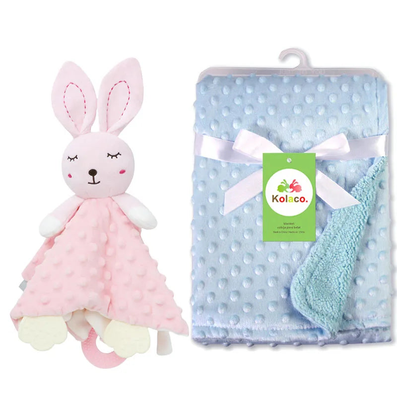 Soft pink and blue custom baby blanket and lovey set from I YAN, featuring minky dot fabric and personalized name embroidery.