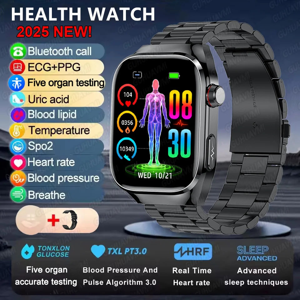 I YAN micro physical examination smartwatch for men showing digital display, health monitoring features, and Bluetooth call functionality.
