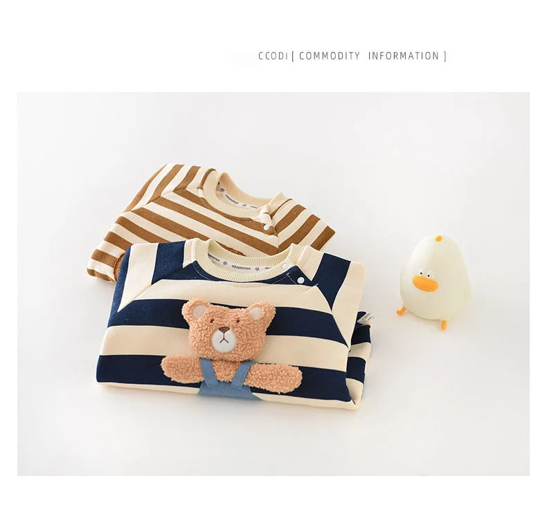 MILANCEL Thicken Lining Boys Baby Rompers Striped Cartoon Girls Jumpsuits Bear Outfit