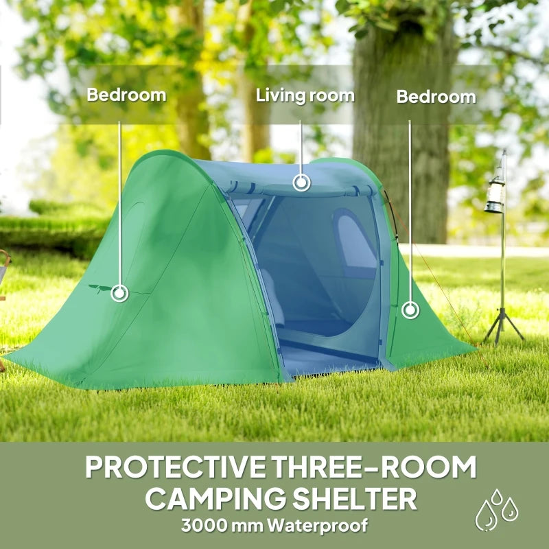 3 Man Camping Tent with Living Area and 2 Bedrooms,3000mm Waterproof Family Tent with Sewn-in Groundsheet,Green  ﻿