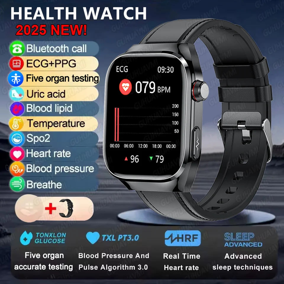 I YAN micro physical examination smartwatch for men showing a sleek black design with health monitoring features and Bluetooth call capability.