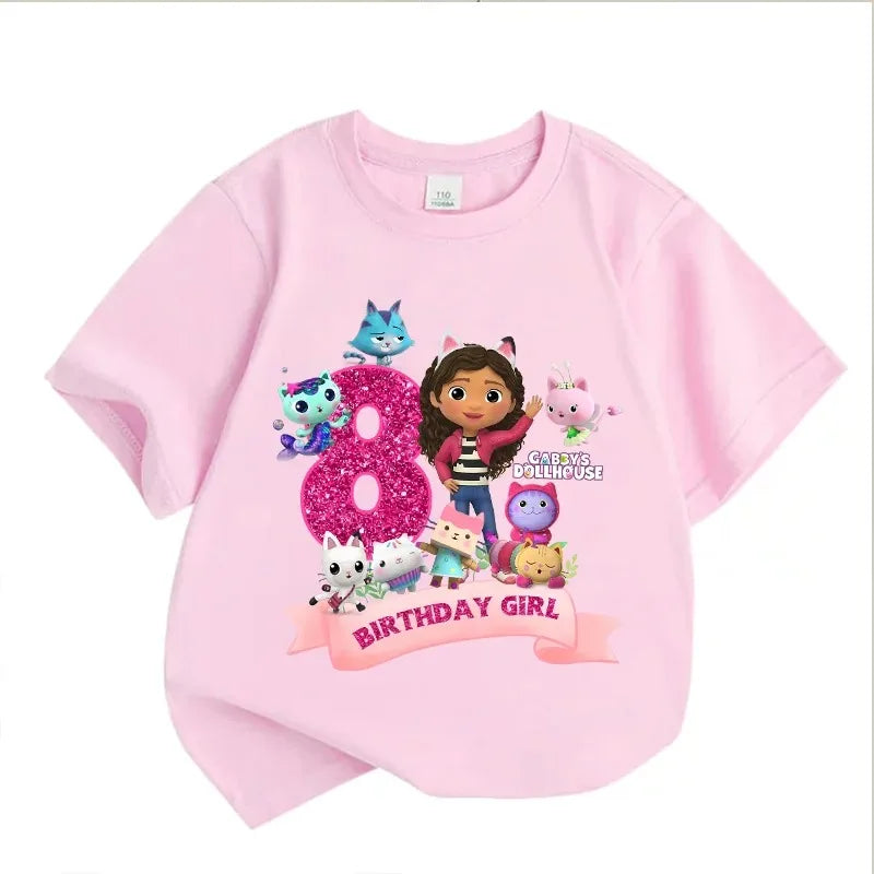 Gabbys Dollhouses Birthday Number T-shirt Girls White Pink Short Sleeve T-shirts Tops Cotton Summer Casual Party Supplies Tee
