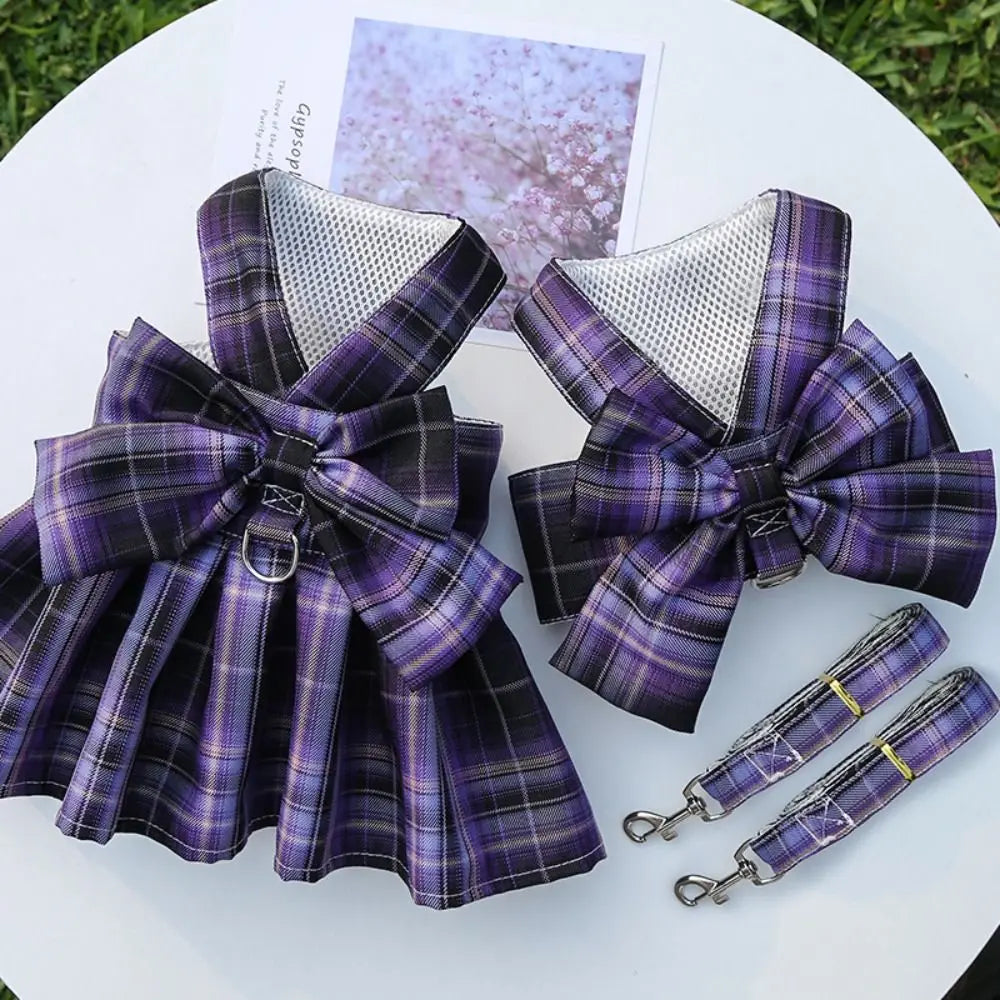 I YAN reusable plaid dog harness with leash attachment, adjustable washable pet skirt, featuring a cute bow and rabbit design.