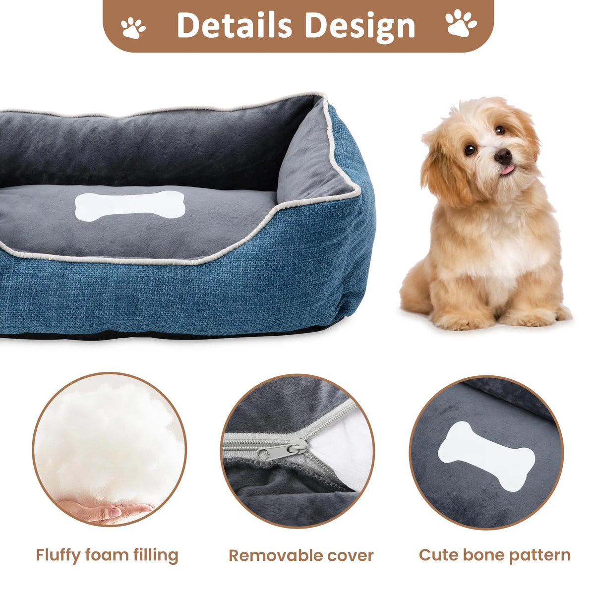 Blue plush small dog and cat bed with removable washable cover, anti-slip bottom, cozy pillow for indoor and outdoor use.