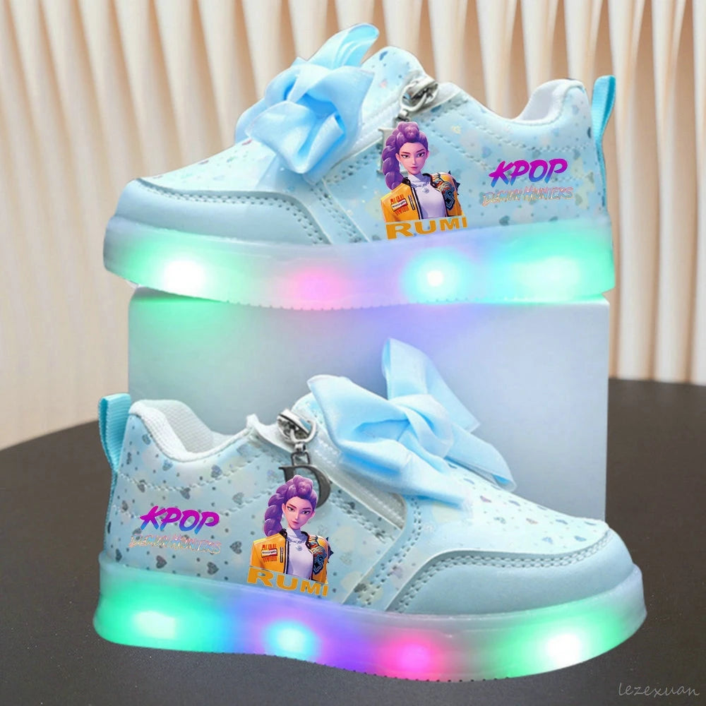LED Casual Sneakers For Spring Girls KPop Demon Hunters Printed Mesh Breathable Shoes Children Lighted Non-slip Pink Purple