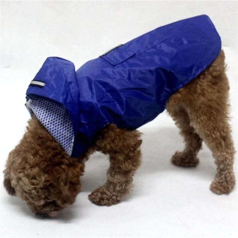 Yellow waterproof dog raincoat by I YAN with reflective stripes, designed for all sizes, including big puppies, with a hoodie and rain poncho style.