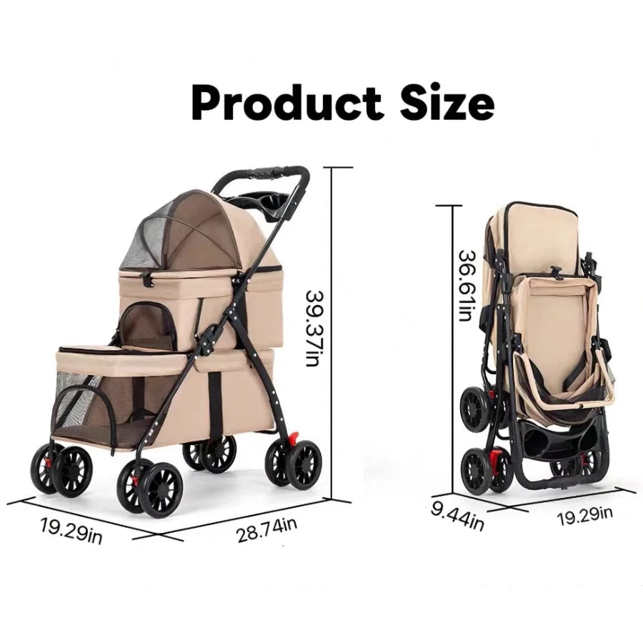I YAN double pet stroller for small cats and dogs, foldable travel cart with two carriages and lockable wheels.