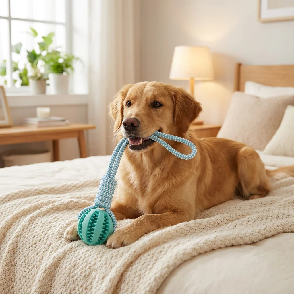 Durable cotton rope and rubber dog chew ball with treat dispenser from I YAN, designed for teething and boredom relief, 18x13cm.