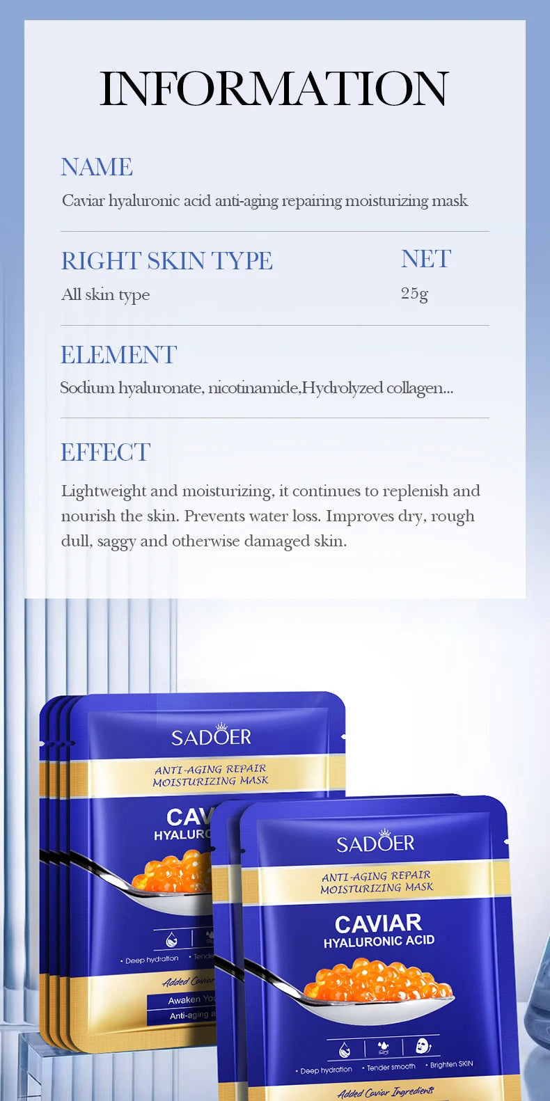 5/10pcs SADOER Caviar Hyaluronic Acid Moisturizing Facial Masks Brightening Firming Hydrating Face Mask Skin Care Products