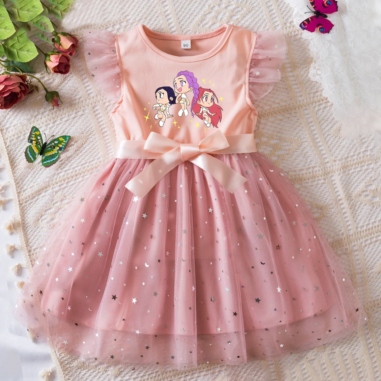 K-Pop Hunters Zoey Rumi Girls Sequin Tutu Dress with Bow Flutter Sleeves Summer Princess Party Outfit for Toddler Kids 2-6 Years