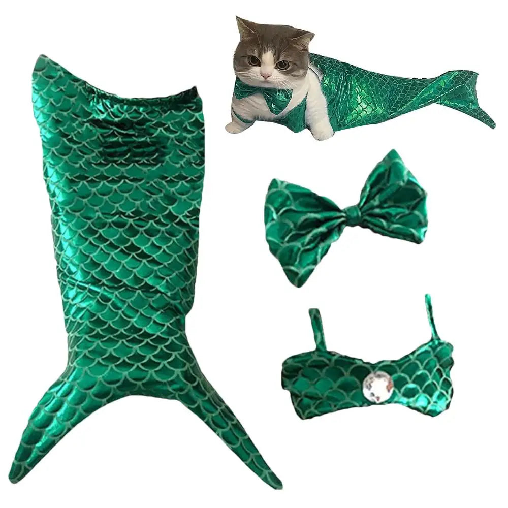 Cat Mermaid Tail Sequin Mermaid Tail Clothes For Halloween Cat Fishtail Dress-Up Comfortable & Soft Dog Outfit Funny Pet