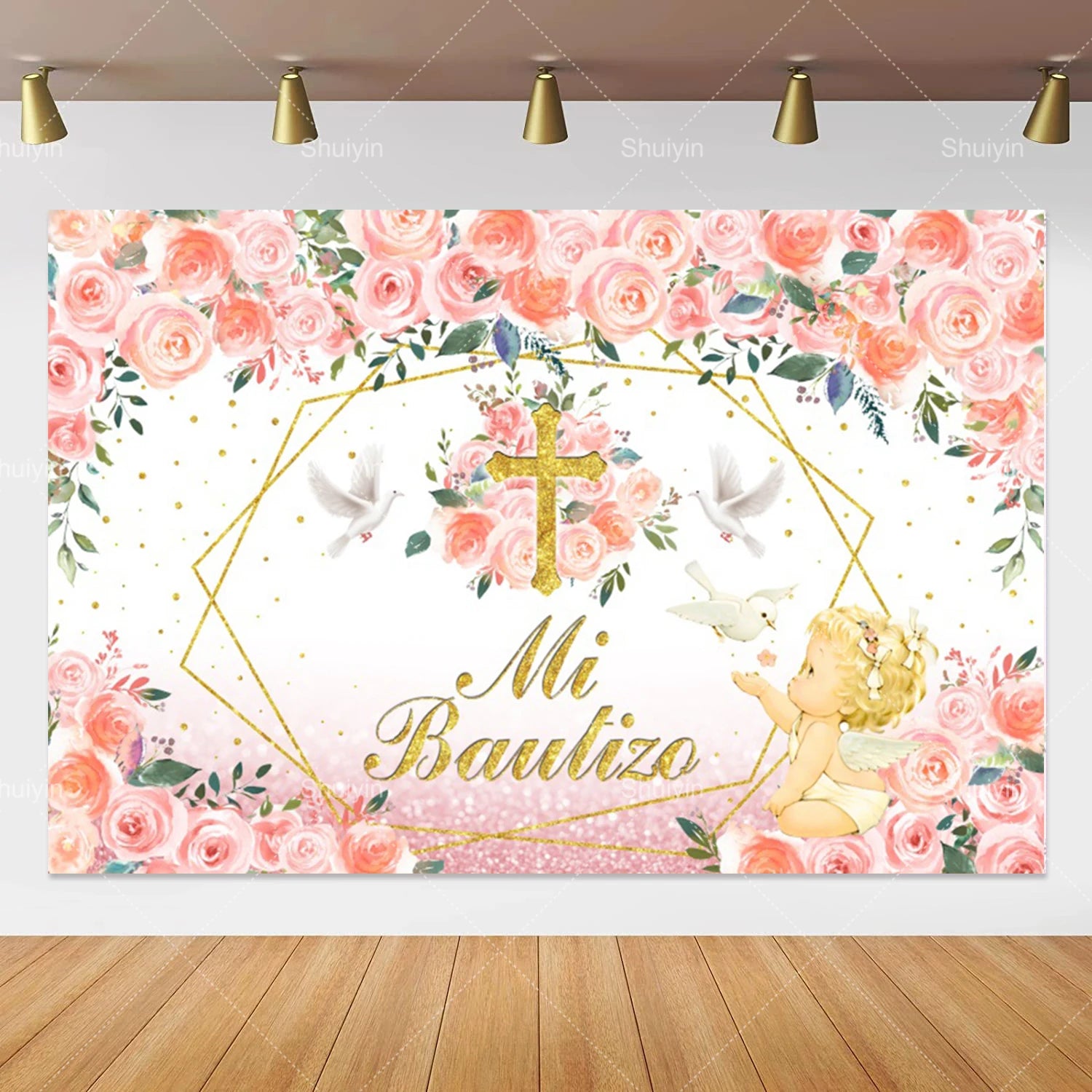 Boy Girl First Communion Backdrop Gold Cross Grail God Bless Baptism Party Decor Background Christening Baby Shower Photo Props