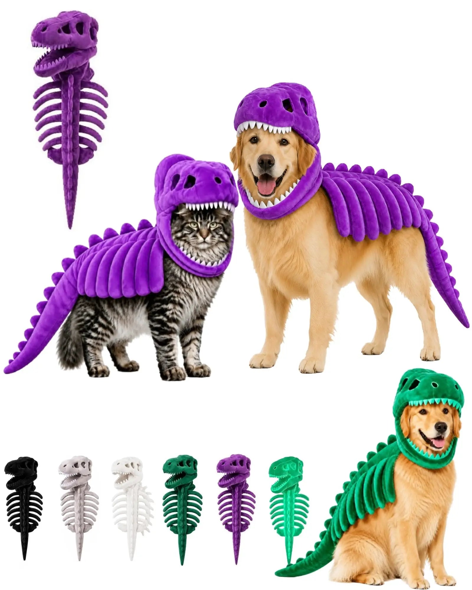3D plush T-Rex dinosaur pet costume for cats and dogs, featuring detailed dinosaur design by I YAN.