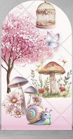 Fairy Girl 1st Birthday Party Arch Backdrop Spring Garden Pink Purple Butterfly Floral Mushroom Door Baby Shower Backgrounds