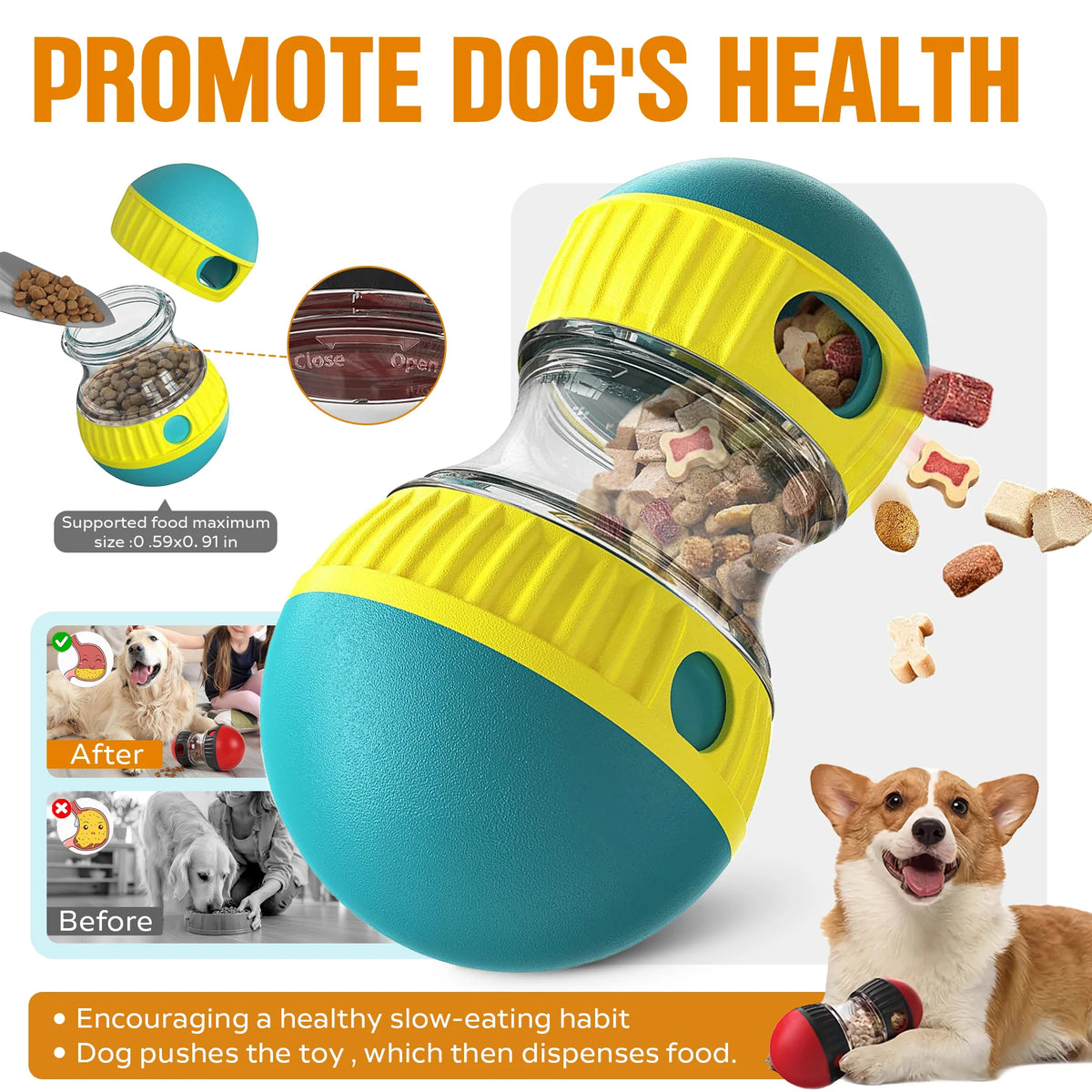 Interactive dog and cat treat dispenser ball toy by I YAN for small to large pets, promotes slow feeding and mental stimulation.