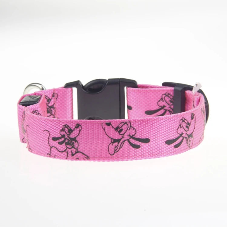 Bright LED dog collar by I YAN with glowing luminous nylon strap, designed for night safety and visibility for pets.