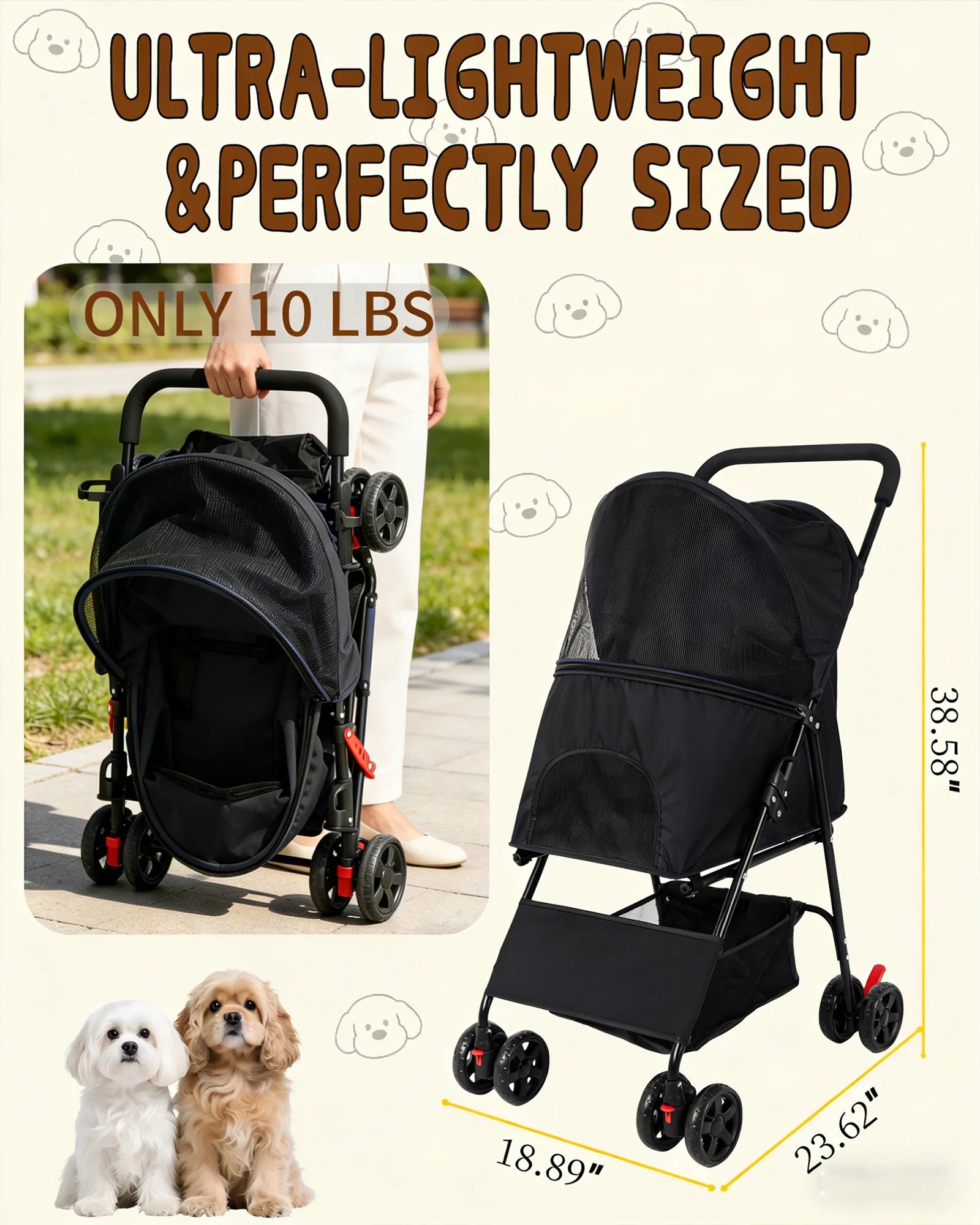 Lightweight Pet Stroller for Small Dogs Foldable 4 Wheel Dog Cat Stroller Portable Travel Pet Pram with Storage Basket