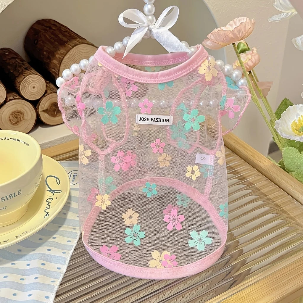 4 Colors Summer Floral Mesh Dog Cat Shirt, Breathable Sheer Pet Vest for Small Dogs Cats, Cute Flower Print Puppy Kitten T-Shirt, Lightweight Sun Protection Pet Clothes for Teddy Chihuahua
