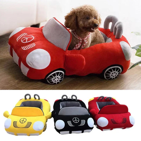 Soft plush car-shaped pet bed for dogs and cats by I YAN, washable pet sofa with cozy, cushioned interior and fun car design.