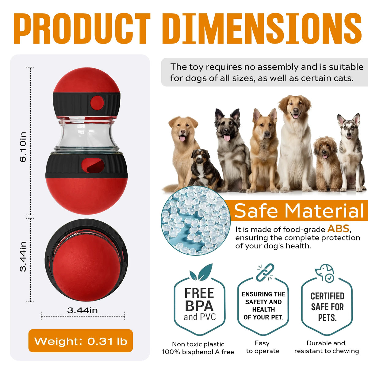 Interactive dog and cat treat dispenser ball toy by I YAN, designed for small to large pets to slow feed and entertain.
