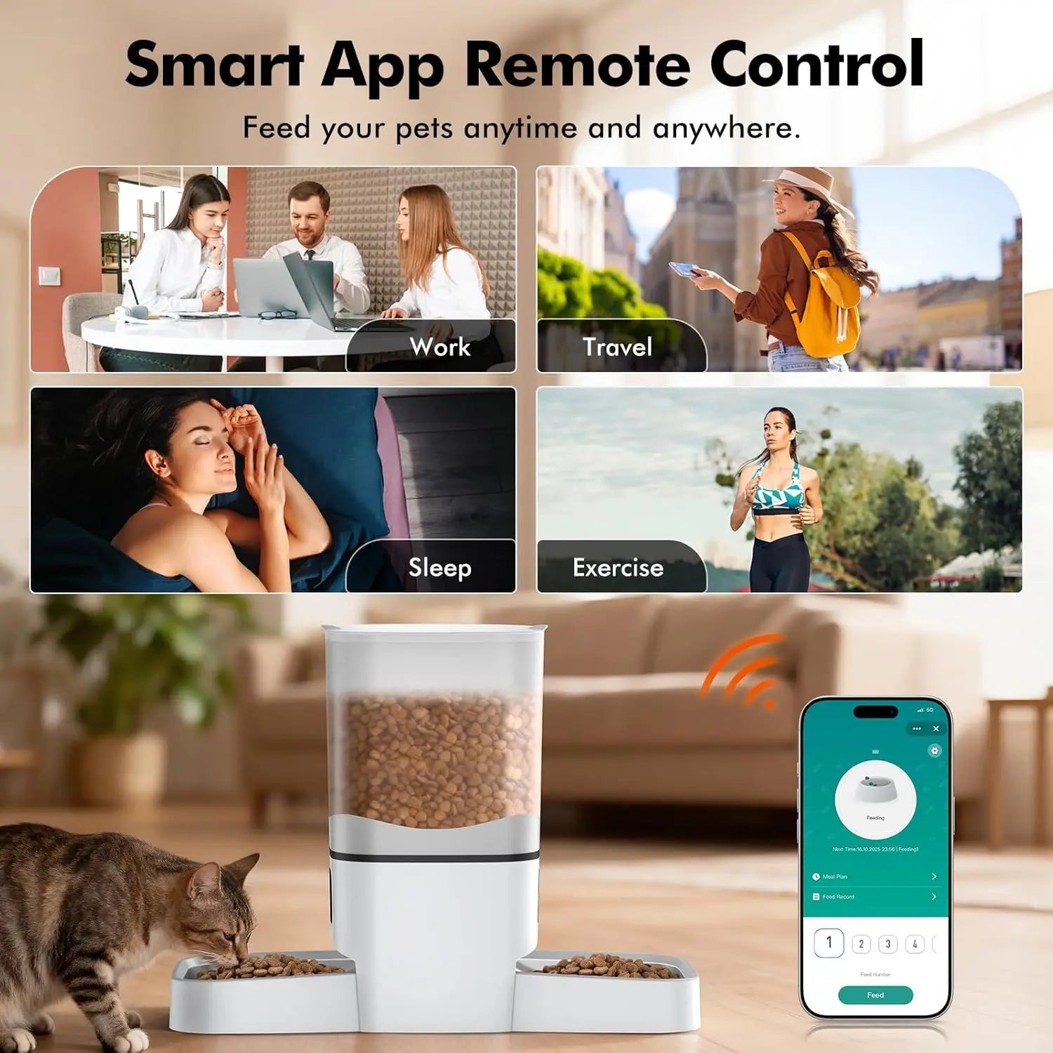 6L 25 Cup WiFi Smart Dual Bowl Auto Feeder for Two Cats, 2 Stainless Bowls APP Timed Feeding 10s Voice Reminder Dual Power Multi Pet