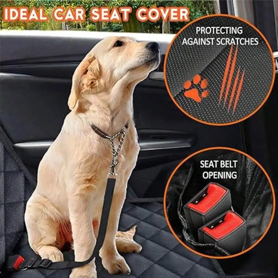 I YAN waterproof dog car seat cover on bench seat, showing scratch-proof, nonslip, durable soft pet back seat protector in a car.