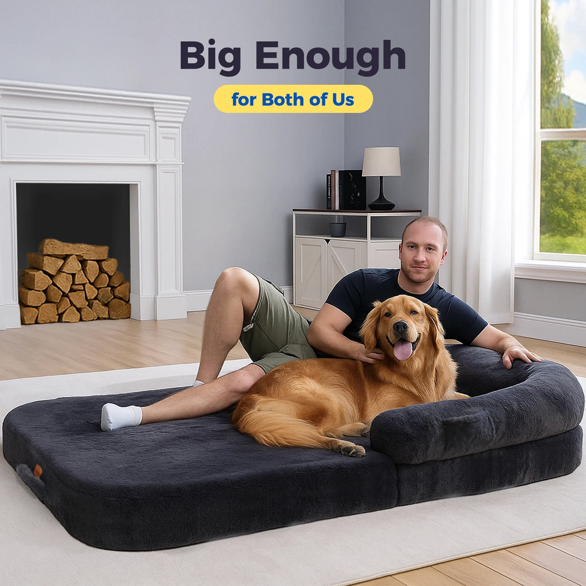 Foldable plush dog bed by I YAN with washable cover, non-slip bottom, suitable for large dogs and kids, cozy pet sofa bed.