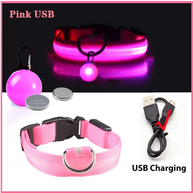 USB rechargeable LED glowing dog collar by I YAN with safety light for small dogs and cats, visible with bright glow in the image.