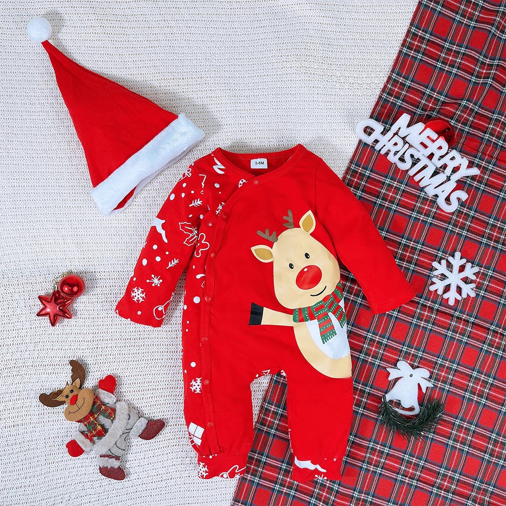 Prowow My Frist New Year Bodysuit For Baby Long Sleeve Cartoon Red Deer Romper Jumpsuit With Xmas Hat Newborns Christmas Clothes