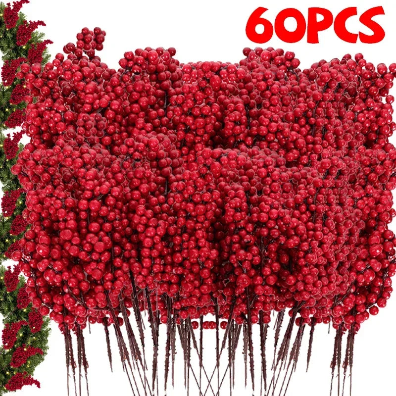 1/60PCS Christmas Red Berries Branch Artificial Holly Berry Stamen Flowers Wreath for Tree Ornaments New Year Party Home Decor