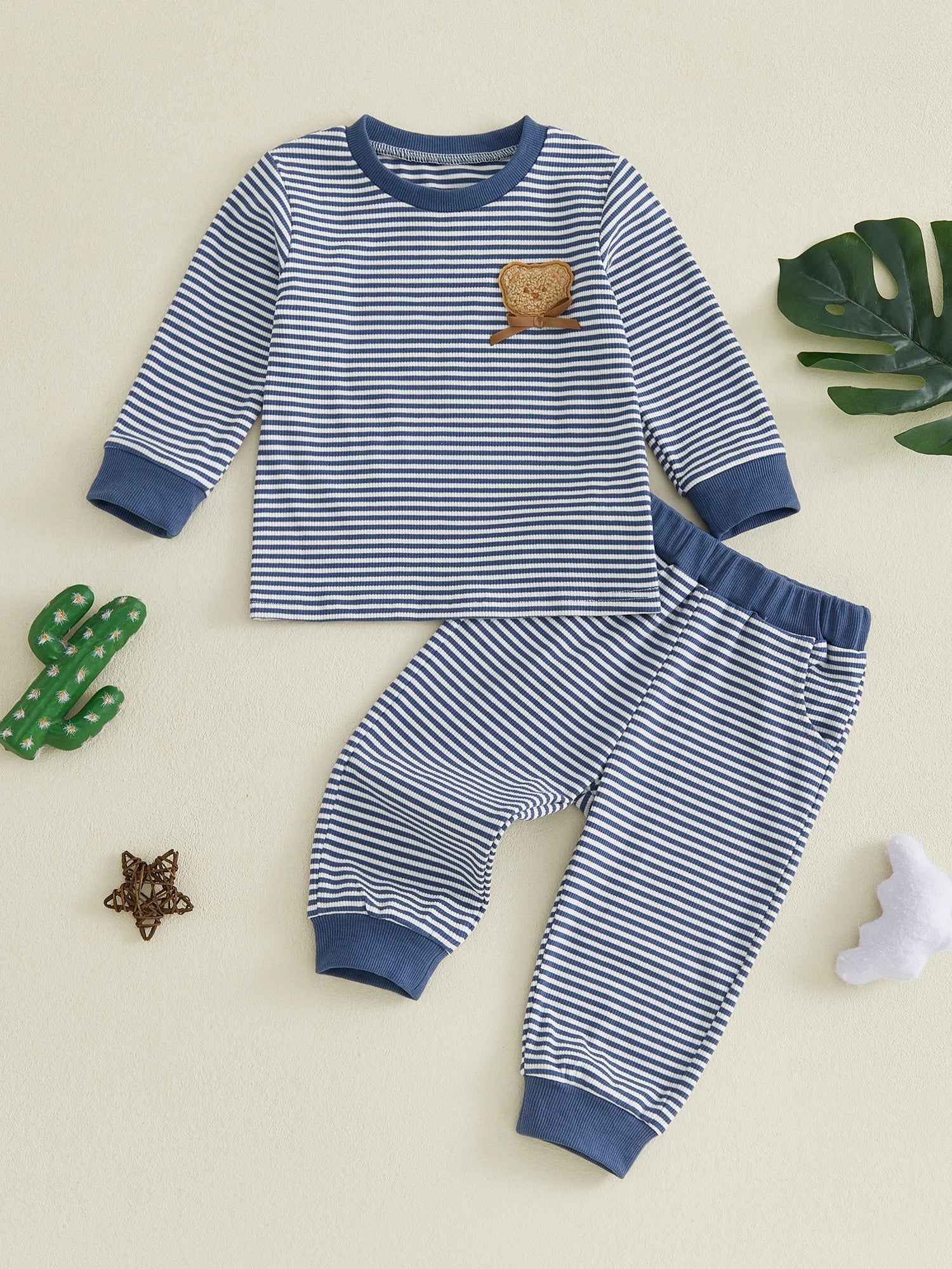 Toddler boy striped neck sleeve crew neck sweater with bear embroidery in fall colors, by I YAN, featuring a high-quality striped print.