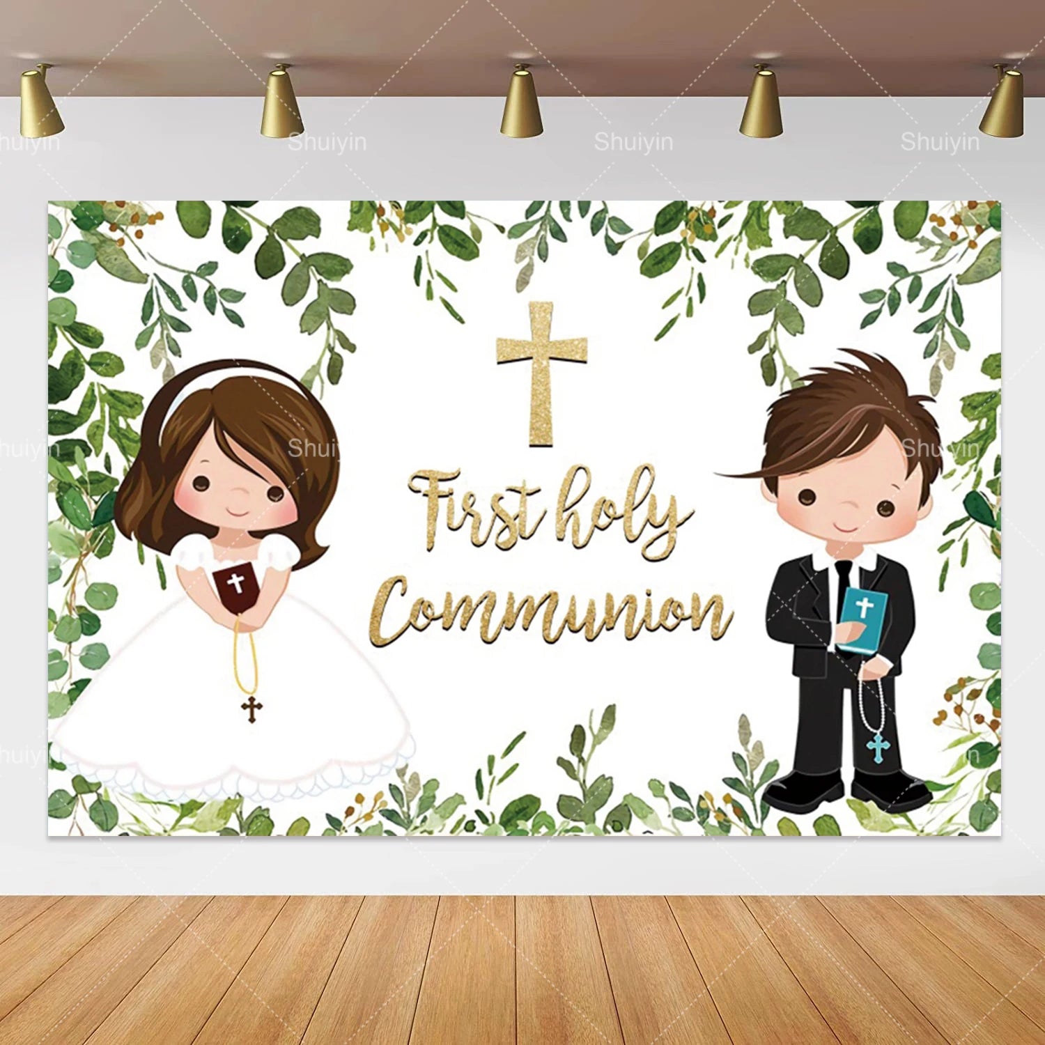 Boy Girl First Communion Backdrop Gold Cross Grail God Bless Baptism Party Decor Background Christening Baby Shower Photo Props