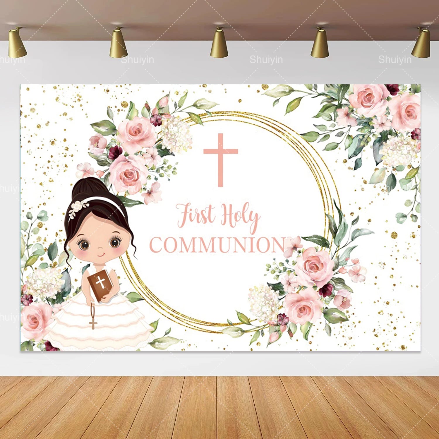 Boy Girl First Communion Backdrop Gold Cross Grail God Bless Baptism Party Decor Background Christening Baby Shower Photo Props
