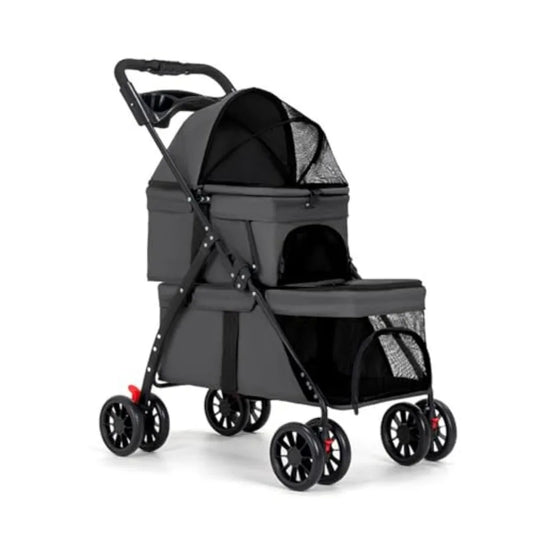 I YAN dog stroller for medium and small dogs and cats with 360° wheels, lightweight, durable frame, and one-hand fold system.