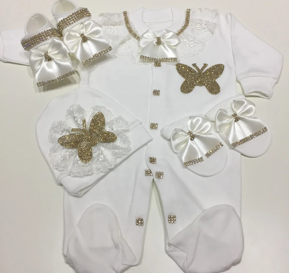 Luxury Newborn Baby Romper Set 4-Piece – Crystal Crown Layette for Photography & Coming Home - I YAN