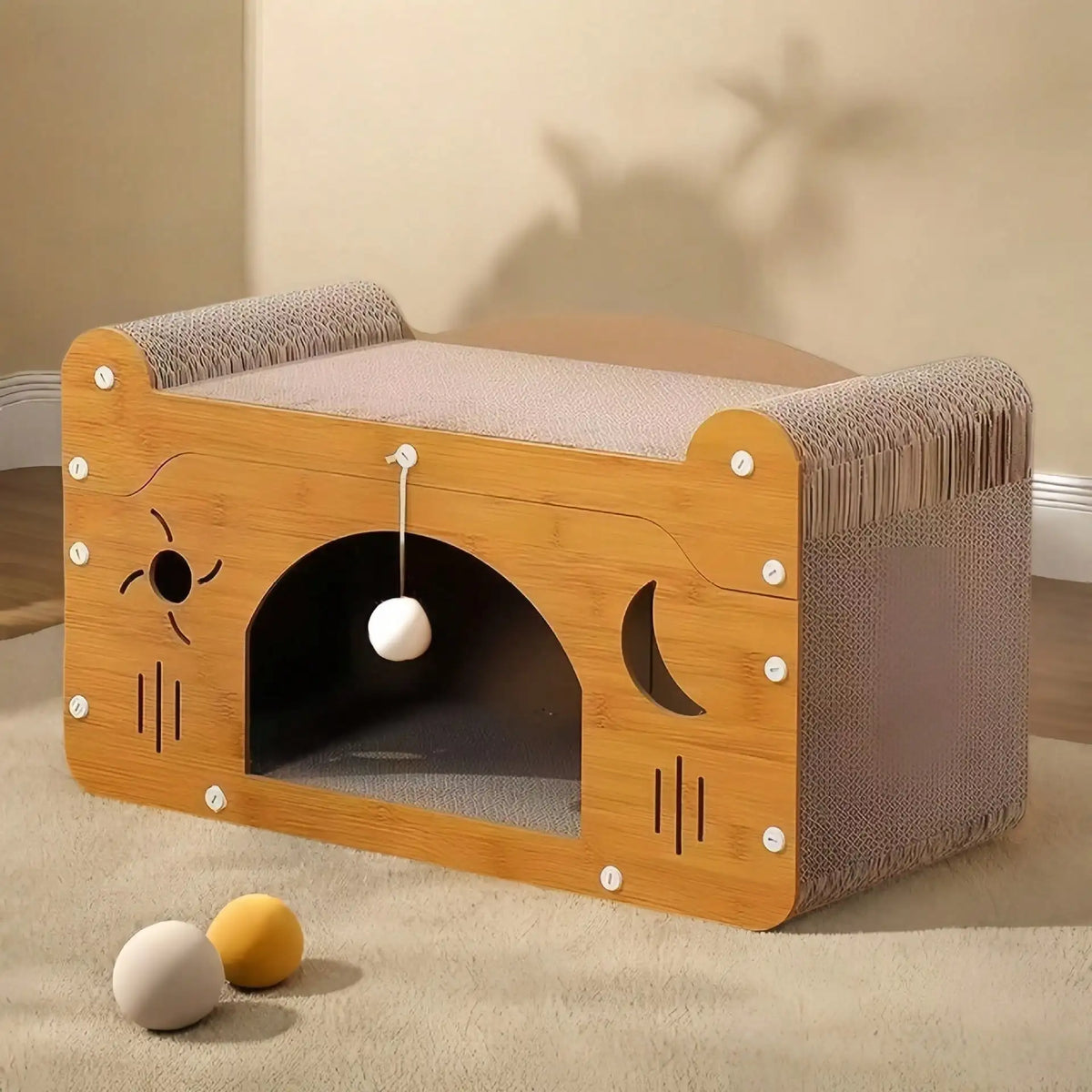 I YAN 2-in-1 double layer cat scratcher lounge with cardboard hideaway and colorful pom-pom toys for cats.