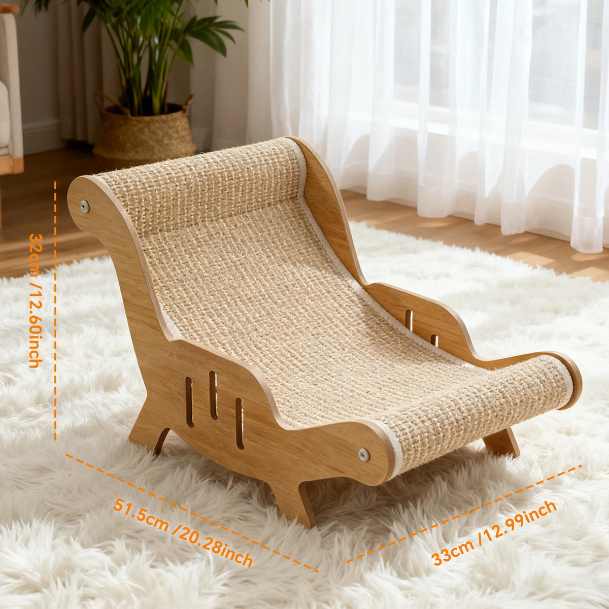 Wooden 2-in-1 cat scratcher bed and recliner lounge by I YAN with replaceable scratch pad, cozy and functional for cats.