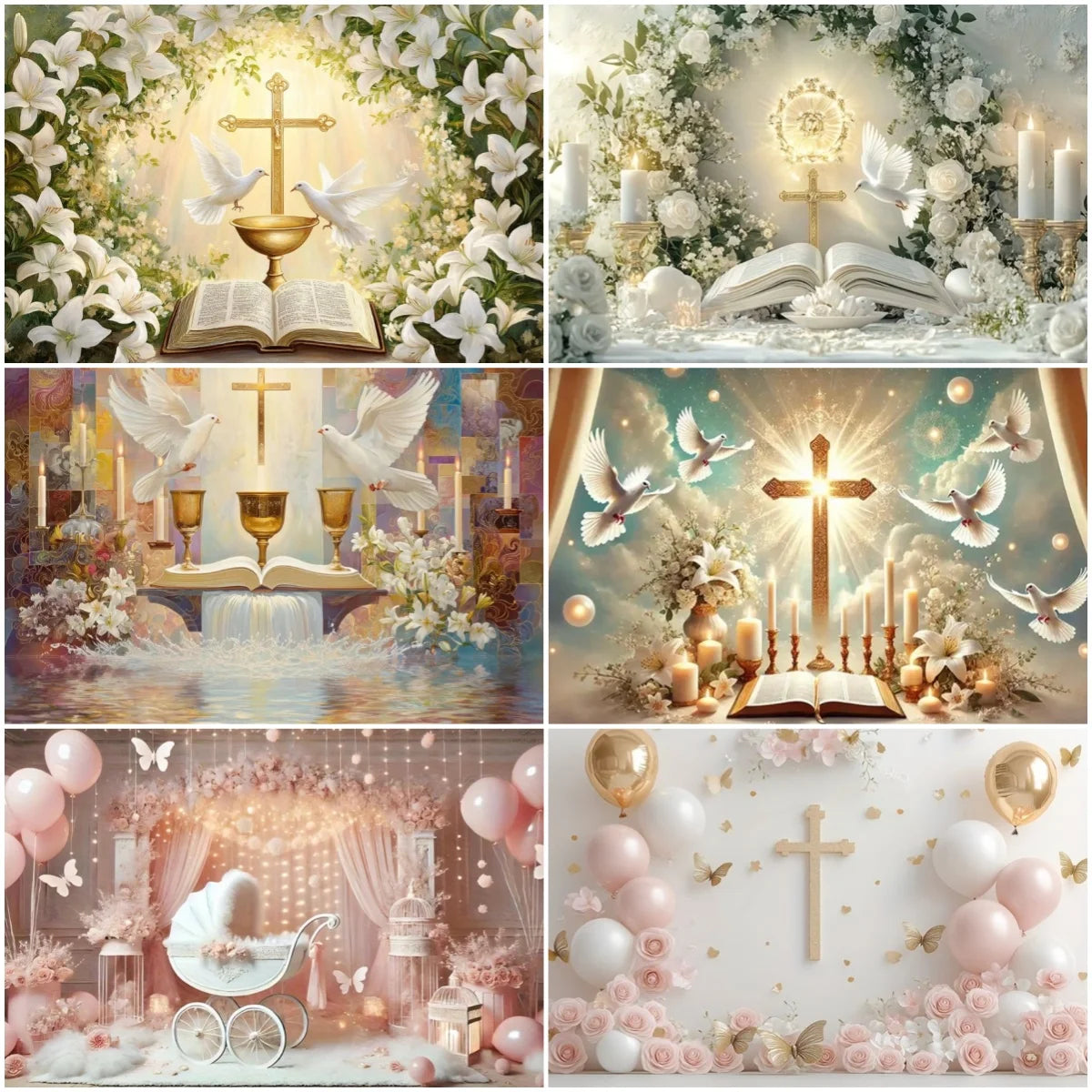 First Holy Communion Backdrop Flower Gold Cross Decor Boy Girl Baby Shower My Baptism Birthday Party Photography Background Prop