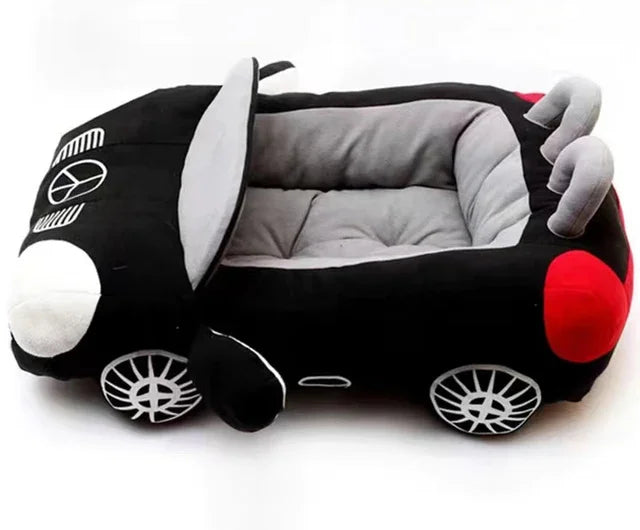 Soft plush car-shaped pet bed for dogs and cats, washable and cozy sofa style from I YAN, ideal for small pets.