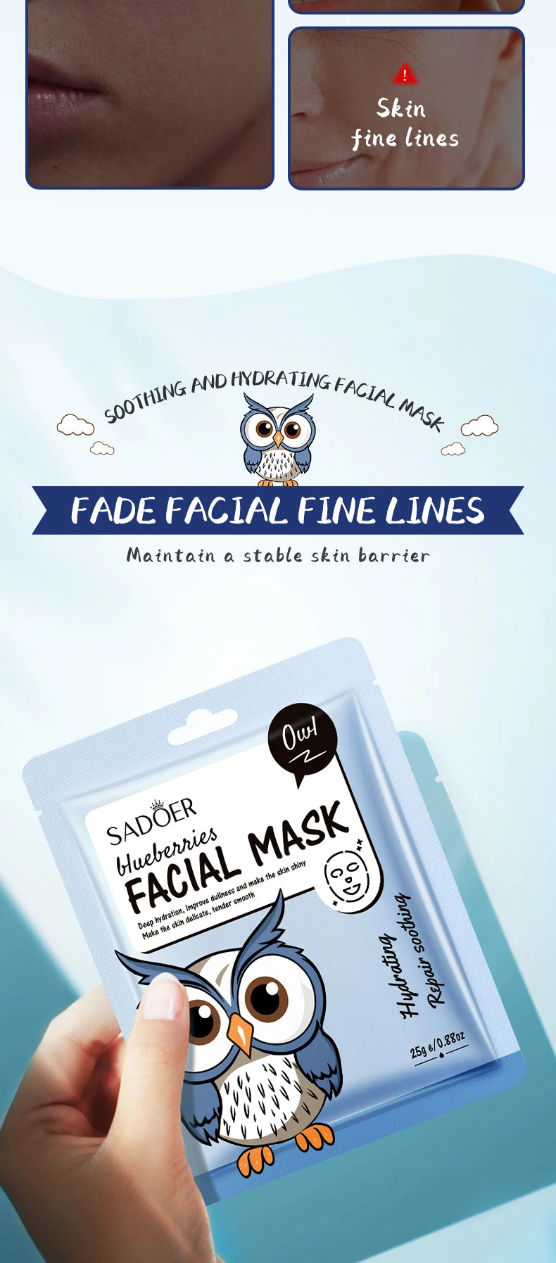 5pcs SADOER Cartoon Fresh Fruit Facial Masks Moisturizing Soothing Brightening Hydrating Face Mask for Facial Skin Care