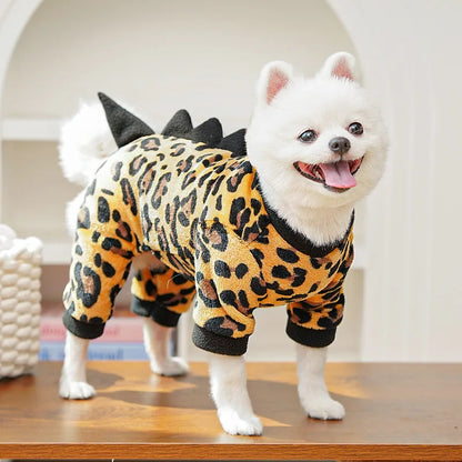 Leopard Dinosaur Dog Pajamas – Warm Fleece Jumpsuit for Small Dogs