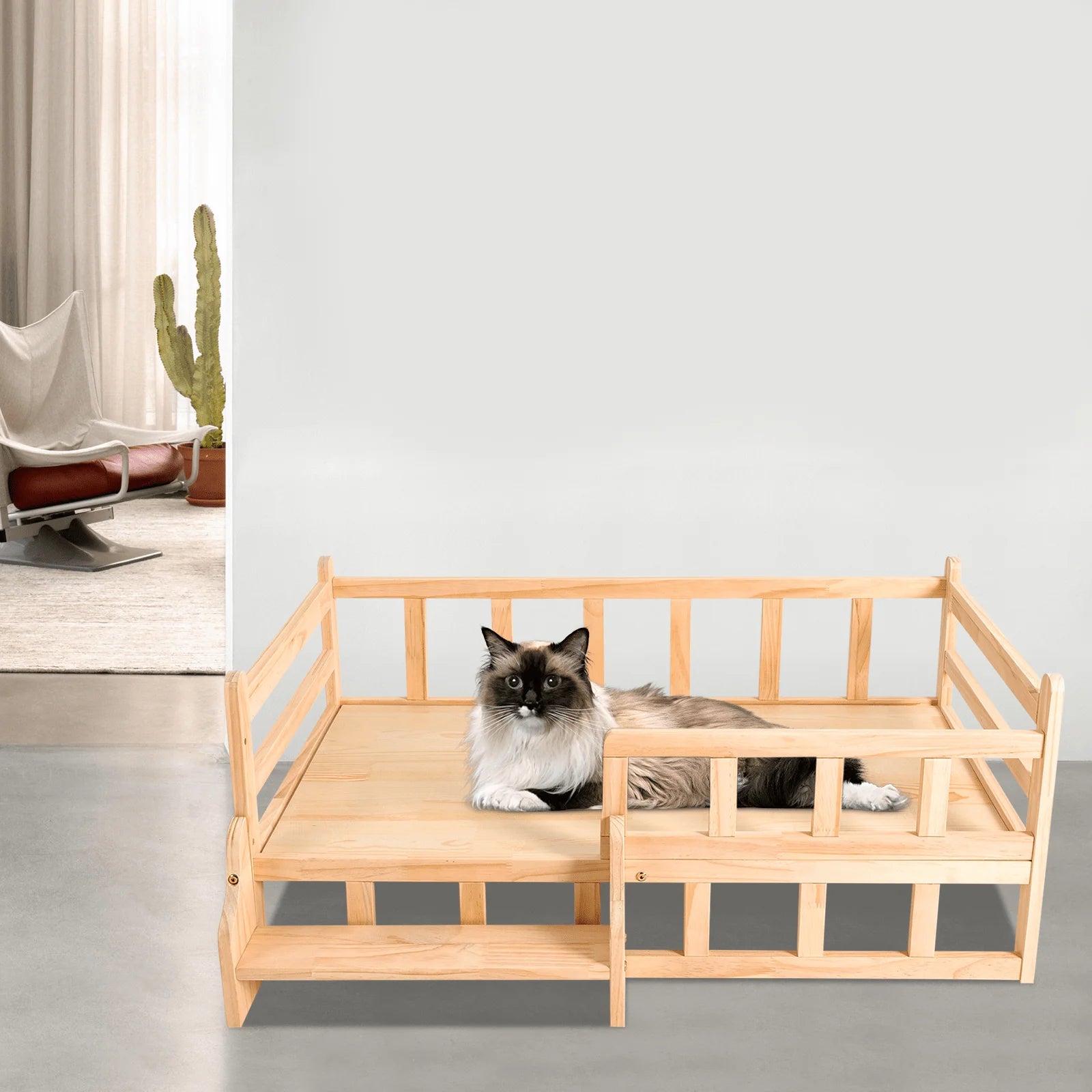 Aohuada Solid Pine Wood Elevated Pet Bed With Rails & Stairs, 66LBS Load Raised Dog Cat Bed, Breathable Indoor Raised Pet Frame With Anti-Slip Pads For Large Pets