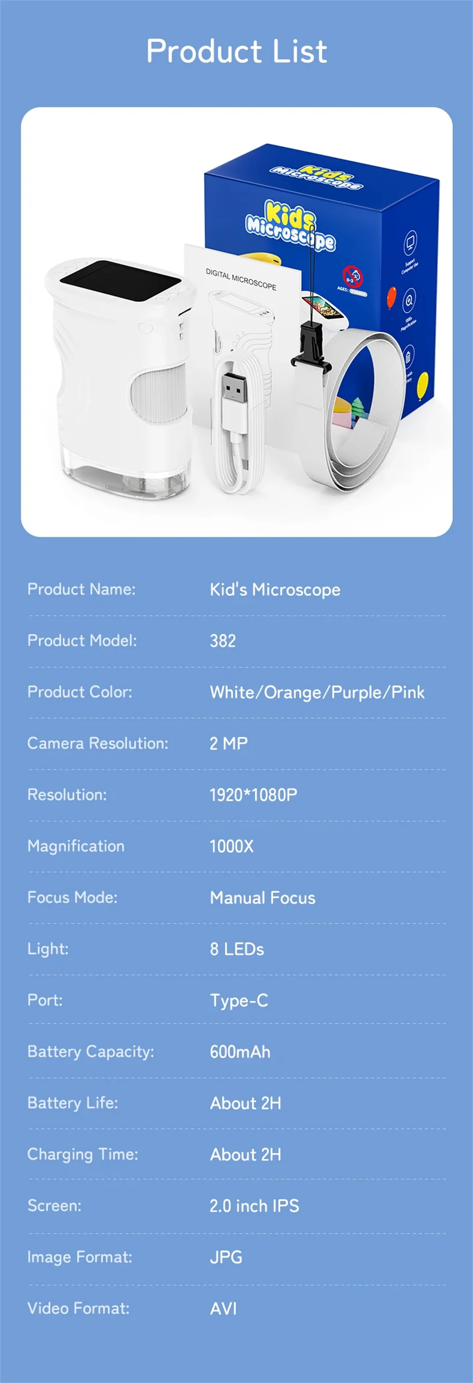 1000X Handheld Microscope for Kids 2.0" Screen Rechargeable Mini Pocket Digital Microscopes Portable Edu Gift Children Students - I YAN