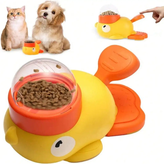 Yellow duck-shaped 2-in-1 dog slow feeder and food puzzle toy by I YAN, designed to promote healthy eating and prevent gulping.