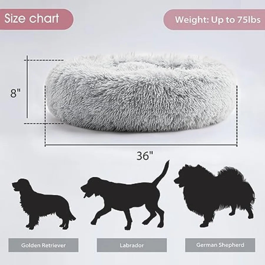 Calming anti-anxiety donut dog cuddler bed for small medium dogs and cats faux fur plush beige ultra-soft warming cozy round cu