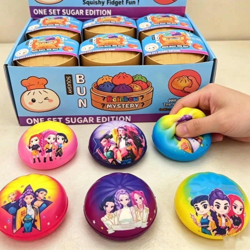 I YAN Kpop squishy dumpling toy featuring Rumi character, hot cartoon design, used as stress-relief desk fidget ornament.